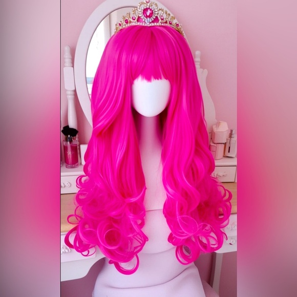 Sissy Princess Pink Curly Long Synthetic Hair Wig peice for cosplay CD Drag - Picture 4 of 5